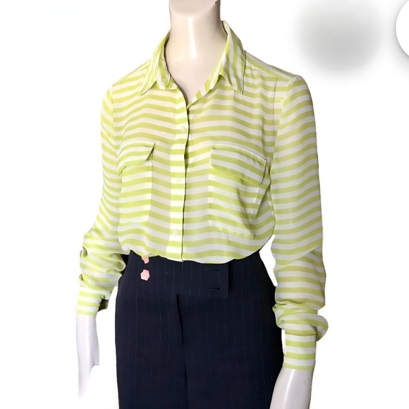 Old Navy Neon Green White Striped Secretary Blouse Top Size L - Picture 1 of 8